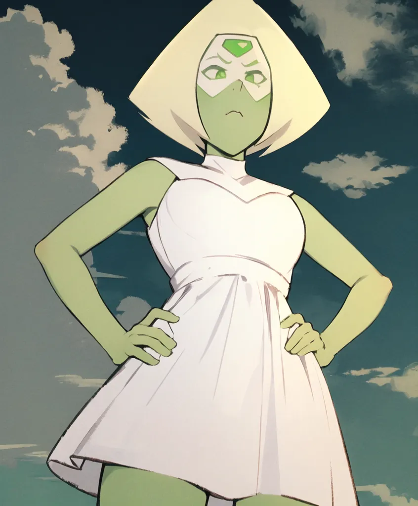 The image is of Peridot, a character from the animated television series Steven Universe. She is shown as a tall, slender woman with pale green skin and short, lime green hair. She is wearing a white dress with a high collar and a pleated skirt. Her gemstone is visible on her forehead, and she has a determined expression on her face. She is standing in front of a cloudy blue background.