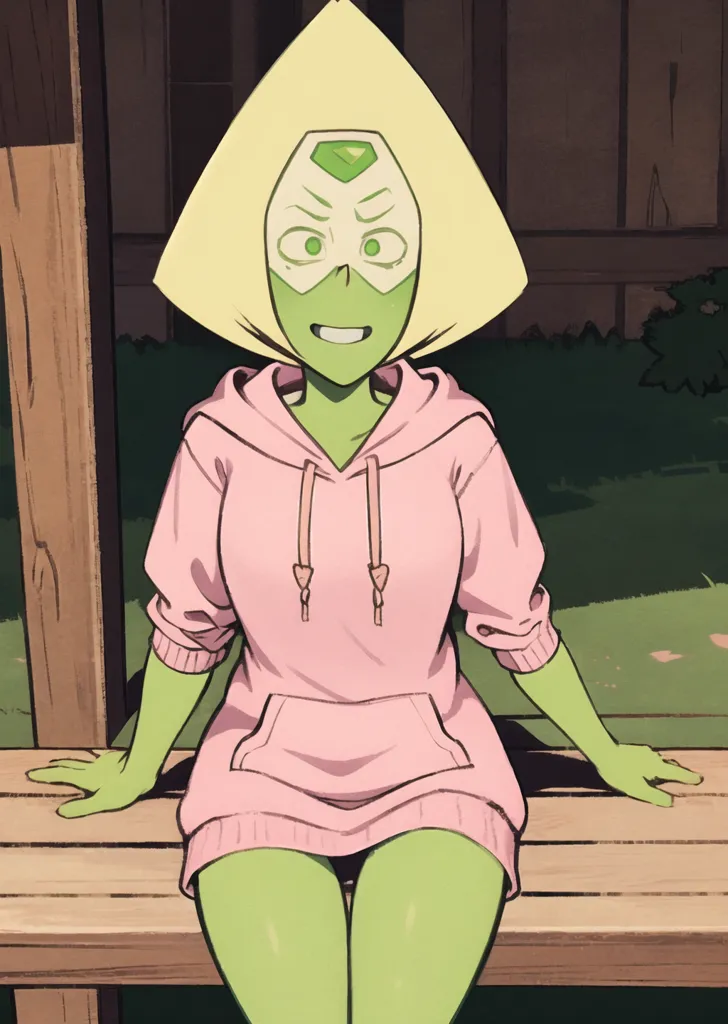 The image is of Peridot, a character from the animated television series Steven Universe. She is sitting on a bench in a park, wearing a pink hoodie dress. Her hair is short and green, and she has a small green diamond on her forehead. She is smiling and looking at the viewer. The background is a blur of green trees and a blue sky.