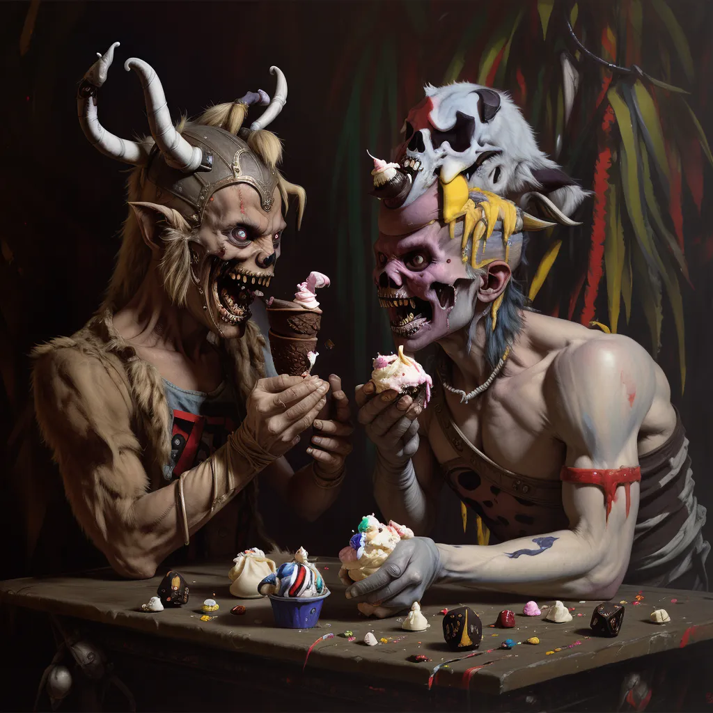 The image shows two demonic creatures sitting at a table and eating dessert. The creature on the left has white horns and is wearing a metal helmet. The creature on the right has black horns and is wearing a fur hat. Both creatures have skull-like faces and sharp teeth. The table is covered in various desserts, including ice cream, cake, and candy. The creatures are eating the desserts with their hands. The background of the image is dark and shadowy.