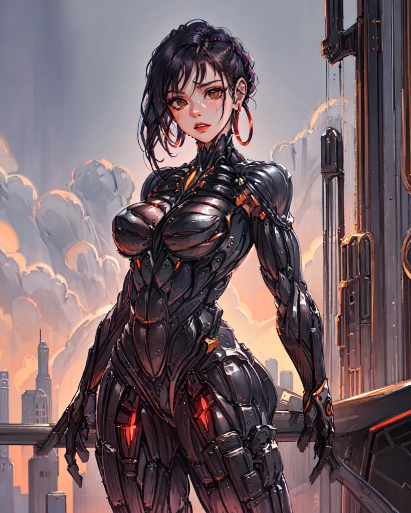 A imagem é de uma mulher em pé no topo de um edifício. Ela está usando um macacão preto e vermelho que cobre todo o seu corpo. O macacão tem um brilho metálico e parece ser feito de algum tipo de material avançado. O cabelo da mulher é curto e preto, e seus olhos são vermelhos. Ela também está usando um par de brincos em forma de pequenas esferas vermelhas. O fundo da imagem é um cenário urbano, com edifícios altos e um céu nublado. A imagem é renderizada em um estilo realista, e a expressão da mulher é de determinação e foco.