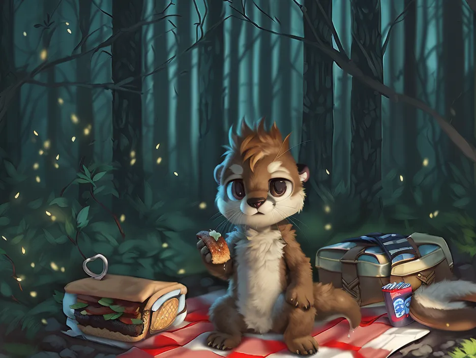 A cartoon otter is sitting on a red and white checkered blanket in the middle of a forest. The otter is eating a sandwich and there is another sandwich and a drink on the blanket. The otter is surrounded by trees and there are fireflies flying in the background.