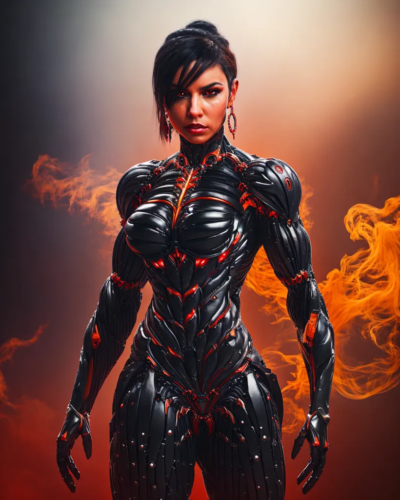 This is an image of a woman in a black and red bodysuit. The bodysuit has a lot of detail, with different shapes and lines all over it. The woman has short black hair and red eyes. She is also wearing a pair of earrings. The background of the image is orange and there are flames coming from the bottom.