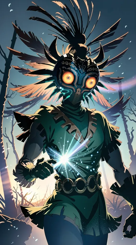 The image is of Link, the protagonist of the Legend of Zelda video game series. He is wearing a green tunic and a brown hat. His face is mostly obscured by a wooden mask with large, glowing eyes. He is standing in a forest, surrounded by trees. There is a blue glow in the background.