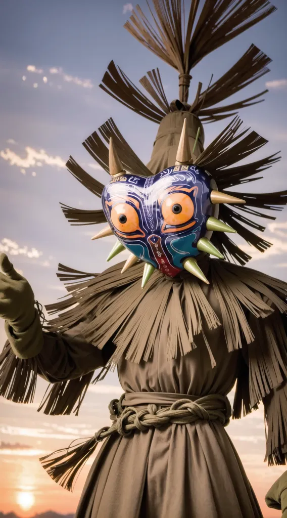 The image shows a person wearing a costume of the Skull Kid, a character from the Legend of Zelda video game series. The costume is very detailed, with a large, expressive mask and a long, flowing cloak made of straw-like material. The person is standing in a field, with a stormy sky in the background. They are holding their hand out in front of them, as if they are casting a spell.