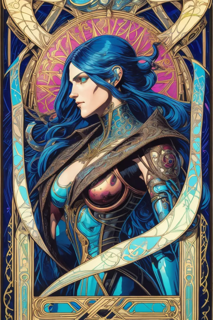 Esta es una imagen de una mujer con el cabello azul largo. Está usando un atuendo azul y dorado. El fondo es azul oscuro con acentos dorados y blancos. La mujer está de pie en un marco decorado con azul y dorado. Mira al espectador con una expresión seria.