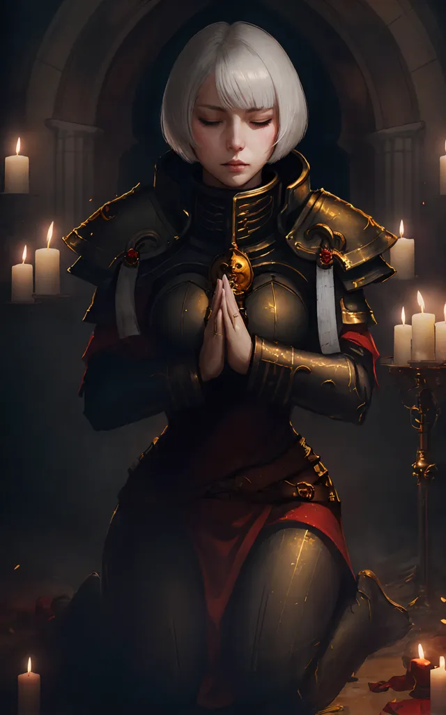 The image is of a woman in a dark room, kneeling and praying. She is wearing a black and gold colored armor with a red sash. Her eyes are closed and her hands are clasped together in prayer. There are candles on either side of her. The background is dark and shadowy.