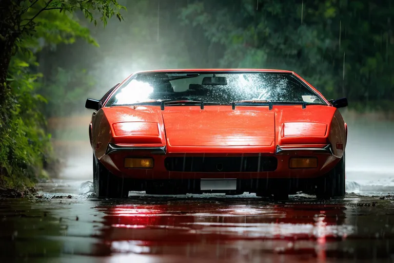 A imagem mostra um carro esportivo vermelho vintage estacionado em uma estrada molhada. O carro está em foco e o fundo está desfocado. O carro é um modelo clássico com um capô longo e um porta-malas curto. Ele tem uma pintura vermelha e para-choques cromados. O carro está cercado por árvores e a chuva está caindo pesadamente. A imagem é muito atmosférica e captura a beleza do carro e do mundo natural.