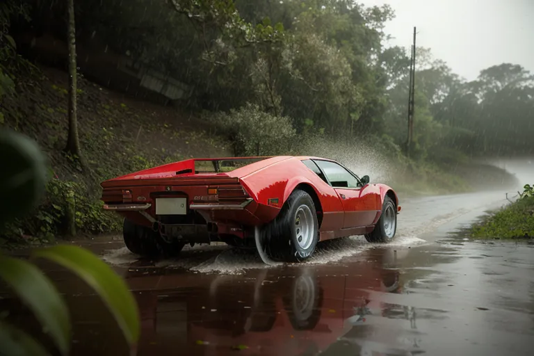 Um De Tomaso Pantera vermelho está a conduzir numa estrada molhada. O carro está em primeiro plano e está rodeado por árvores. A estrada é sinuosa e o carro está a circular a alta velocidade. A água na estrada está a salpicar dos pneus do carro. O carro é vermelho e tem um interior preto. O carro também está muito limpo e parece estar em boas condições. O fundo da imagem é verde e há árvores de ambos os lados da estrada. A imagem é captada de um ângulo baixo e o carro está no centro do enquadramento. A imagem é muito clara e as cores são vibrantes. A imagem também é muito dinâmica e o carro parece estar a mover-se muito rapidamente.