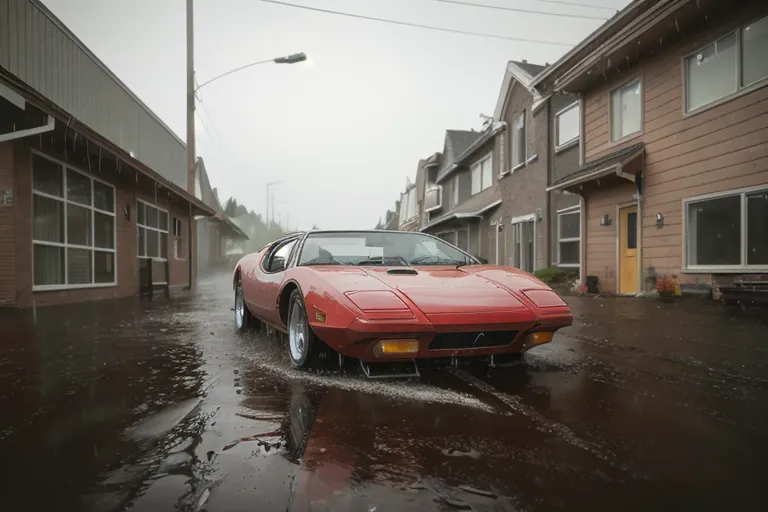 A red sports car drives through a flooded street. The car is a classic model with a long hood and a short trunk. It has a red paint job and chrome bumpers. The street is lined with houses and the water is up to the level of the car's tires. The car is moving slowly and the water is splashing up around it. The image is in focus and the colors are muted.