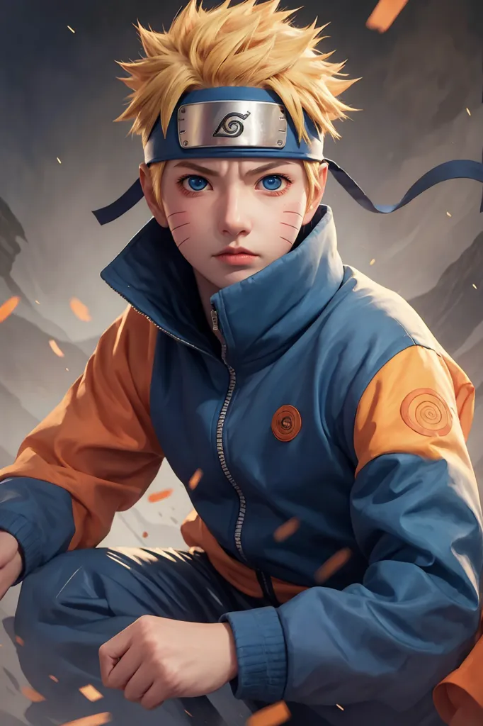 L'image représente un jeune garçon aux cheveux blonds hérissés et aux yeux bleus. Il porte une tenue de jogging bleue et orange avec un bandeau blanc sur la tête comportant une plaque métallique. Le garçon est en position de combat, le poing droit levé et la main gauche ouverte. Il a un air déterminé sur le visage, les yeux plissés de concentration. L'arrière-plan est flou d'orange et de jaune, avec ce qui semble être une explosion se produisant derrière lui.