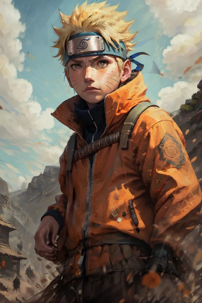 The image is of a young male character with spiky blond hair and blue eyes. He is wearing an orange jacket with a white collar and a blue undershirt. He also has a black belt and a metal plate on his forehead with a symbol on it. He is standing in a rocky landscape with a village in the background. The sky is blue and there are clouds in the background. The character is looking at the viewer with a serious expression.