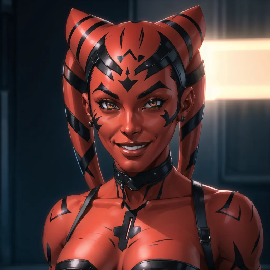 This is an image of a female Twi'lek. She has red skin and black stripes on her montrals. She is wearing a black and red outfit and has a collar around her neck. She has a confident smile on her face.