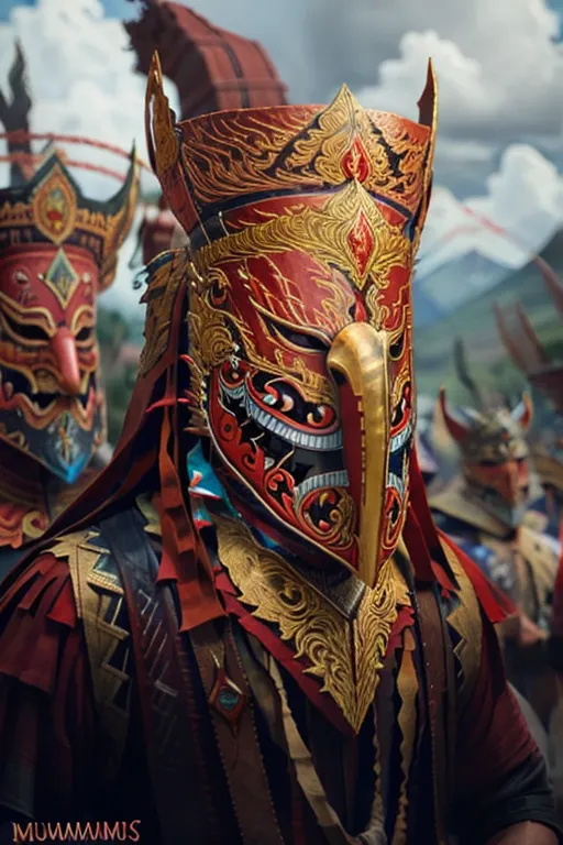 The image shows a person wearing a traditional Thai mask. The mask is red and gold, with intricate designs and a long, pointed nose. The person is also wearing a red and gold headdress and a red and gold robe. They are holding a staff in their right hand. The background of the image is a blur of people and buildings.