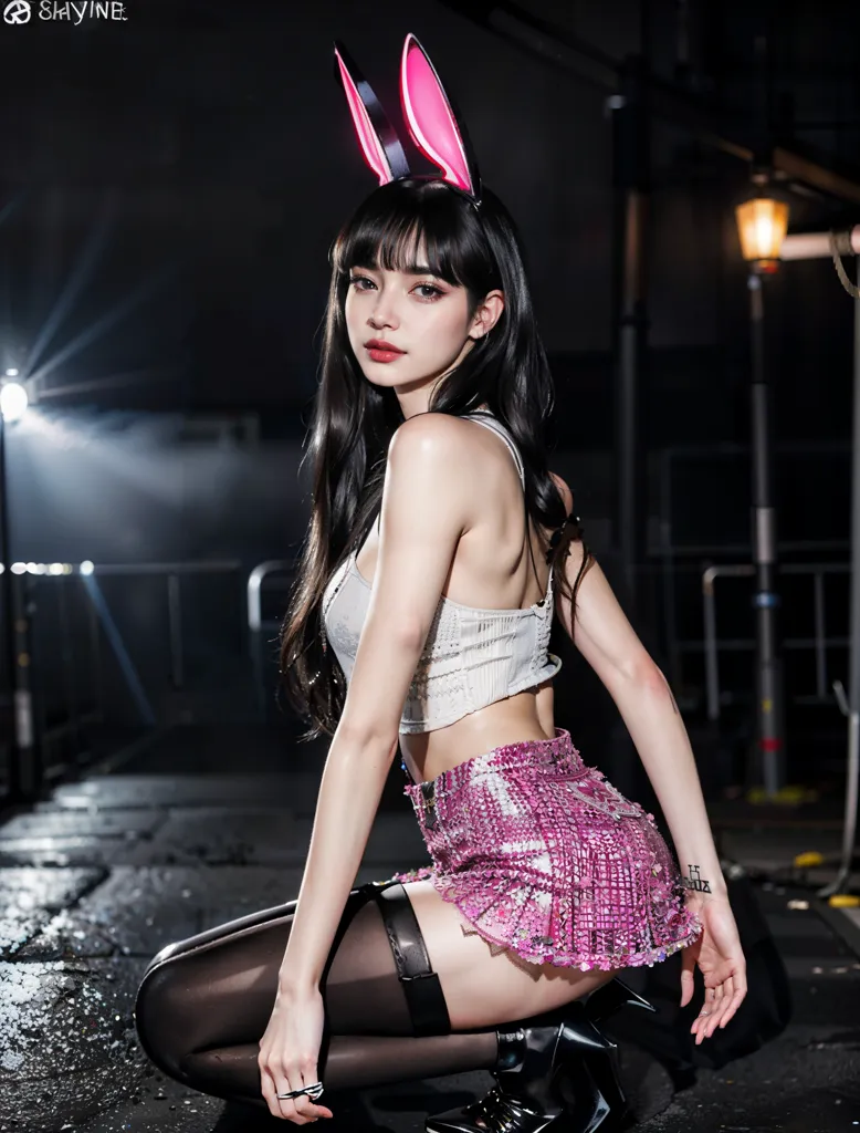 The image is of a woman with long black hair and bangs. She is wearing a white crop top and a pink pleated skirt. She is also wearing black stockings and black boots. She has a pair of bunny ears on her head and is kneeling on the ground. There is a spotlight shining on her.