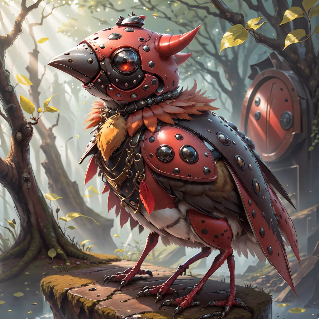 The image contains a steampunk bird standing on a rock in a forest. The bird is mostly red and brown with some yellow and white feathers. It has a metal helmet, breastplate, and leg guards. There is a small door carved with a face in the background.