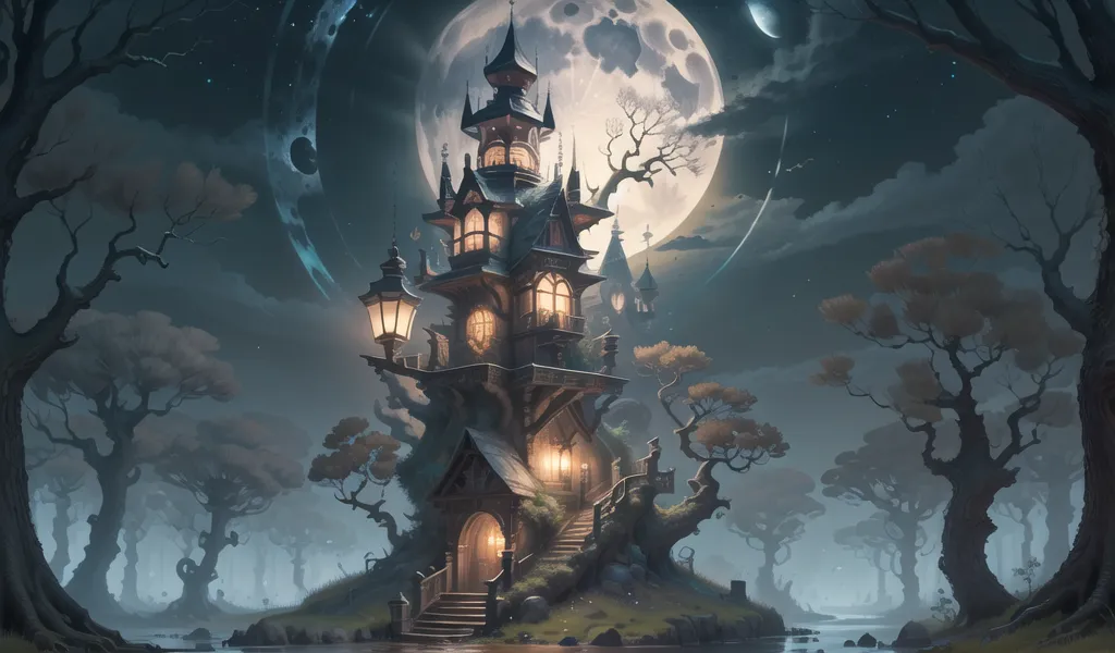 The image is a digital painting of a fantasy treehouse. The treehouse is built on a large tree in a forest. The treehouse is made of wood and has a pointed roof. There is a door on the front of the treehouse and a balcony on the second floor. There is a large moon in the sky behind the treehouse. The moon is surrounded by a blue halo. There are also some stars in the sky. The forest is made up of tall, dark trees. The trees are bare, except for a few leaves on the tops of the trees. There is a river in front of the treehouse. The river is flowing towards the viewer. There is a small clearing around the treehouse. The clearing is covered in grass and flowers. There is a path leading from the clearing to the front door of the