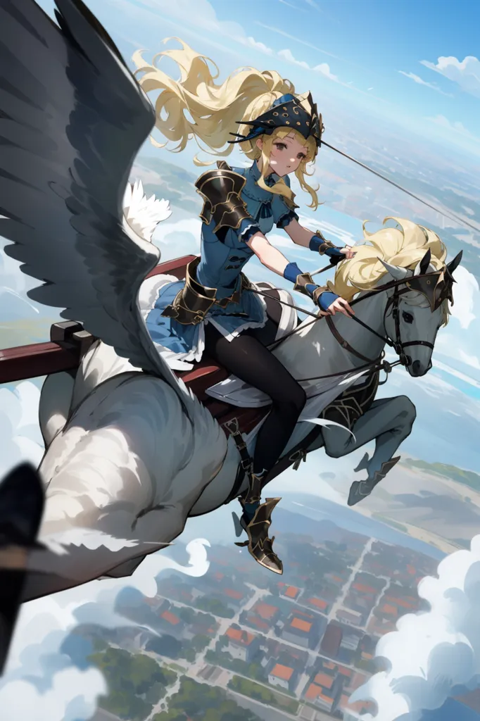 The image is of a young woman with long blond hair and blue eyes. She is wearing a blue and white outfit and is riding on a white pegasus. The pegasus is flying in the sky above a city. The woman is holding the reins of the pegasus with one hand and has the other raised in the air. She is looking down at the city below her with a smile on her face.