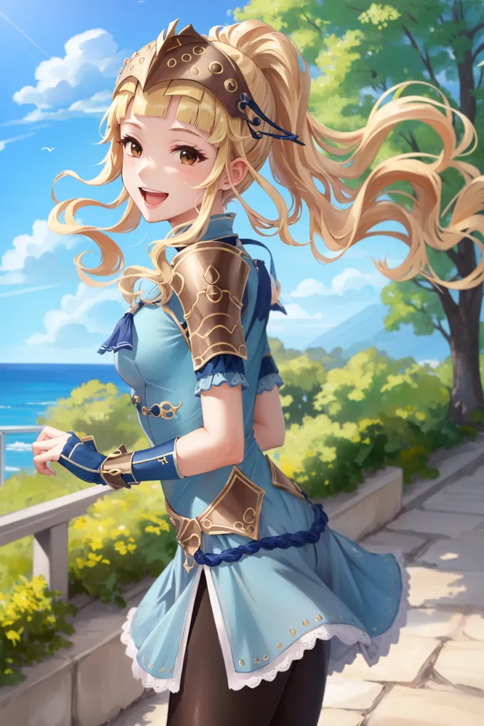 The image is a digital painting of a young woman with long, flowing blonde hair. She is wearing a blue and white dress with gold trim and brown boots. She is also wearing a gold circlet on her head and has a sword at her waist. She is standing on a stone path with the ocean in the background. The woman is smiling and looks happy.