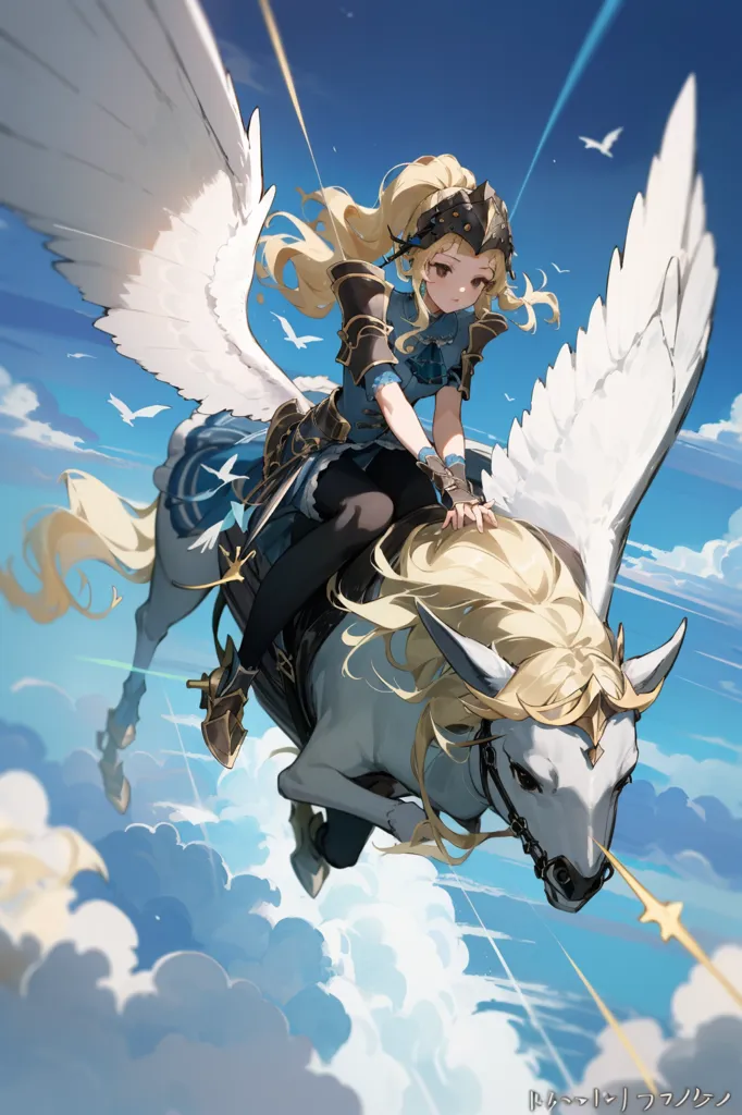 A blonde girl with a determined expression on her face is riding on a flying horse. The girl is wearing a blue and white outfit and a helmet. The horse has a white mane and tail, and is flying through a sky filled with clouds. The girl is holding the reins of the horse with both hands. The horse is flying towards the viewer.