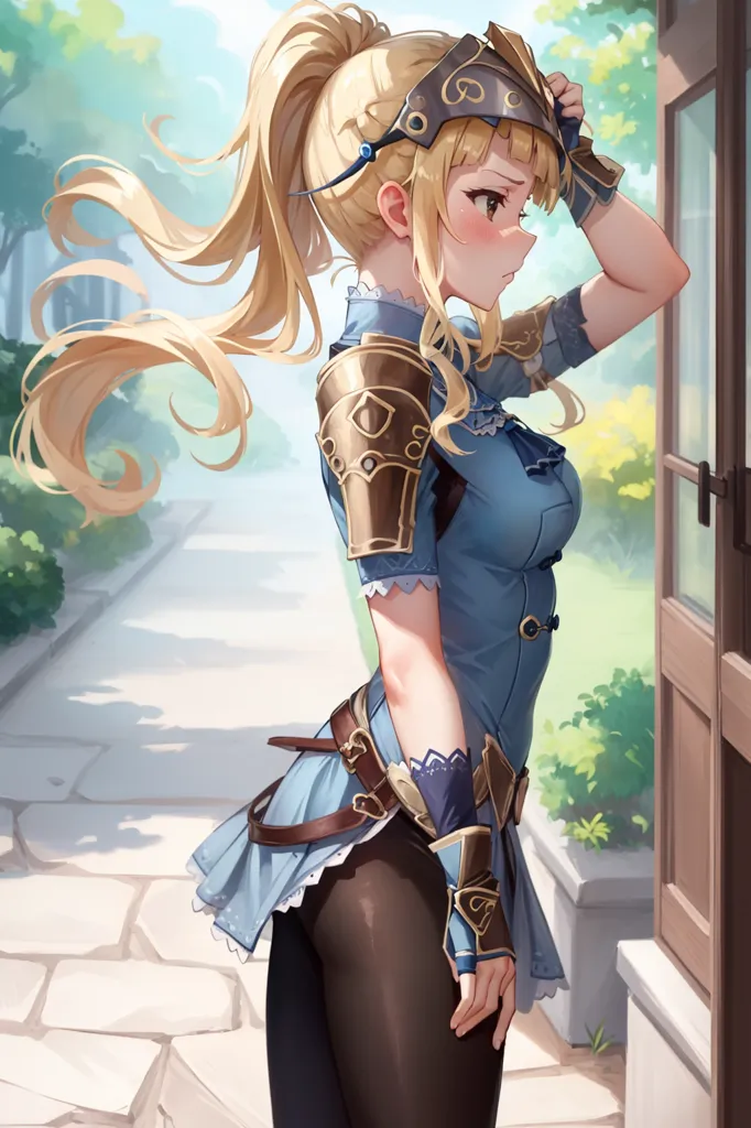 L'image est un dessin de style anime d'une jeune femme aux longs cheveux blonds et aux yeux bleus. Elle porte une tenue bleue et blanche avec une cape blanche et des bottes marron. Elle porte également un casque avec une visière. Elle se tient dans une embrasure de porte, regardant sur le côté.