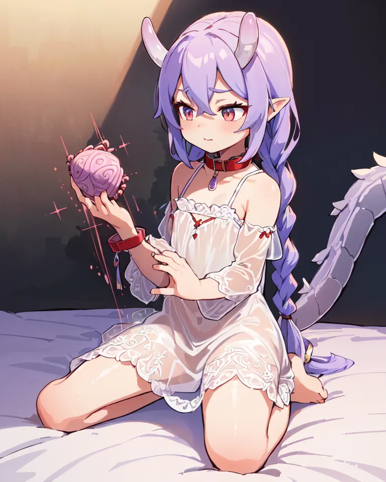 The image is of a purple-haired anime girl with horns and a tail wearing a white dress with a red ribbon on her neck. She is sitting on a bed and holding a glowing pink orb. The background is a blur of light and dark colors.