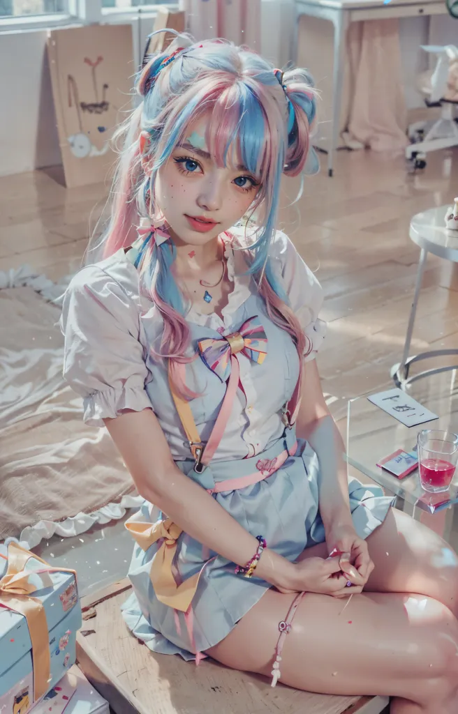 The image shows a young woman with long, pink and blue hair. She is wearing a white blouse, a blue skirt, and a pink bow. She is sitting on a bed, with a pink and white striped blanket. There is a present on the bed next to her. The woman is looking at the camera with a shy smile on her face.