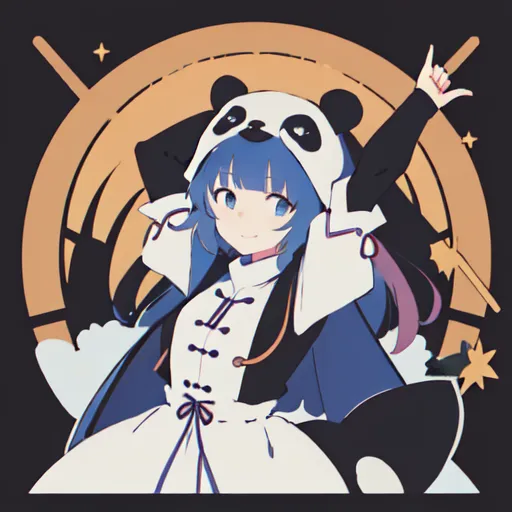 The image is a drawing of a girl with blue hair and eyes. She is wearing a white and black cheongsam with a panda hood. She is also wearing a pair of black boots with white soles. She is standing in front of a brown background with a golden halo behind her. She has one arm raised in the air and is making a peace sign with her fingers.