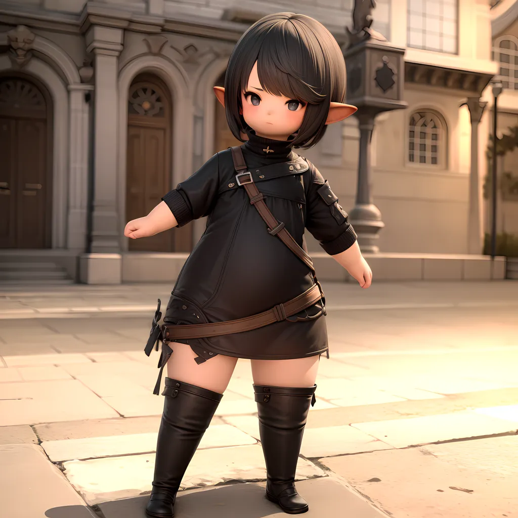 This image shows a Lalafell, a fictional race of small, childlike humanoids from the Final Fantasy XIV video game, wearing a black and brown outfit. The Lalafell is standing in a town, with a building in the background. The Lalafell has short black hair and green eyes, and is wearing a black leather tunic with brown straps and buckles, a brown belt, and black boots. The Lalafell is also wearing a small brown bag on their right hip.