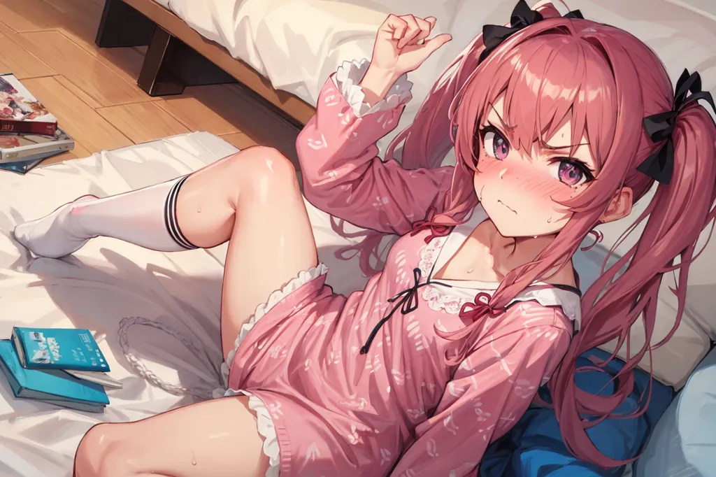 The image is of a young girl with pink hair and red eyes. She is wearing a pink nightgown with a white collar. She is sitting on a bed with a stack of books next to her. The girl is looking at the viewer with an embarrassed expression on her face. She has her left hand raised in the air, with her index finger pointing upwards.