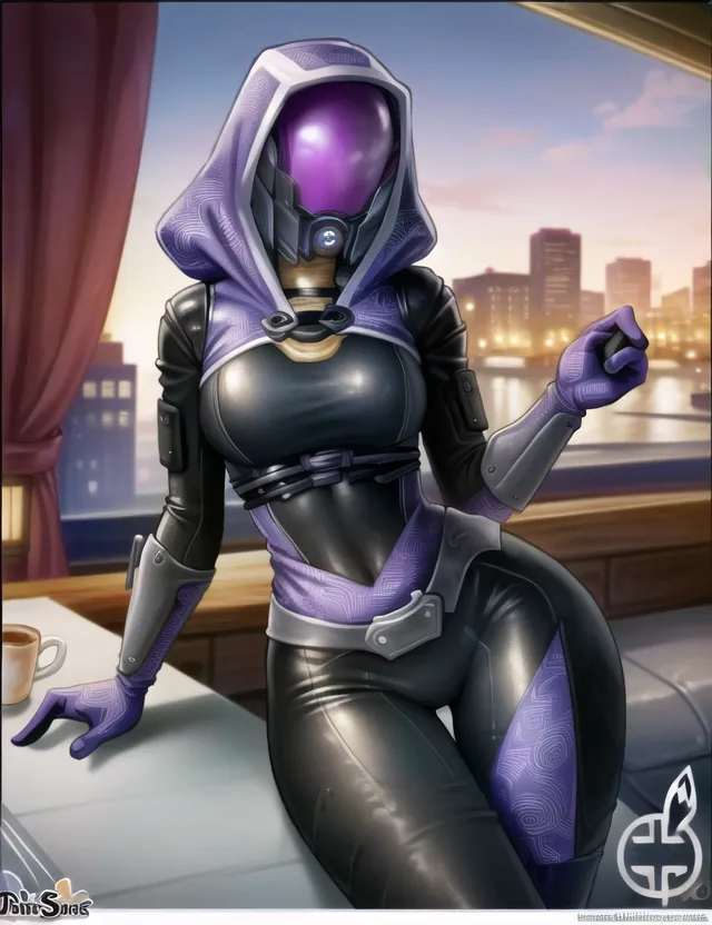 The image is of a tall, slender woman with purple skin and a large bust. She is wearing a black and purple bodysuit with a high collar and a hood. The bodysuit has a number of straps and buckles and is designed to be form-fitting. The woman is also wearing a pair of black gloves and a pair of black boots. She is standing in front of a window, and there is a cityscape in the background. The woman is looking at the view with a thoughtful expression on her face.