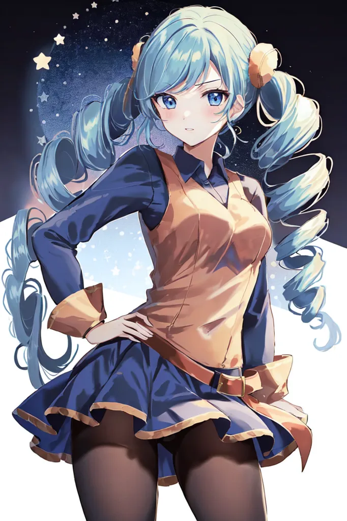 The image is an anime-style drawing of a young woman with long, blue hair and blue eyes. She is wearing a yellow vest, a blue skirt, and a brown belt. She is also wearing black stockings and brown shoes. The woman is standing in a confident pose, with her left hand on her hip and her right hand hanging by her side. She has a serious expression on her face. The background of the image is a starry night sky.