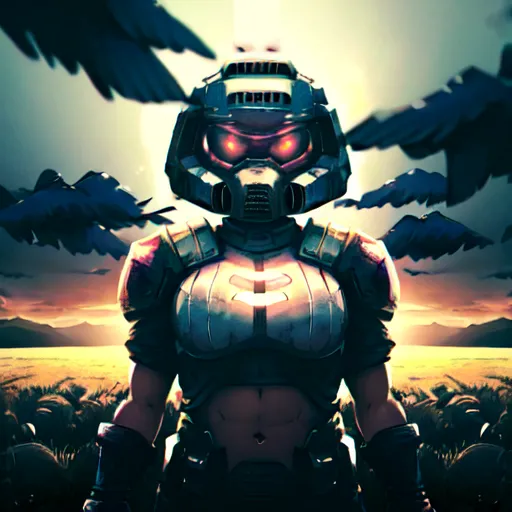 This is an image of a female version of the Doom Slayer from the Doom video game series. She is wearing the iconic green armor and helmet of the Doom Slayer, and she is standing in a field of dead bodies. The sky is dark and there are crows flying around her.