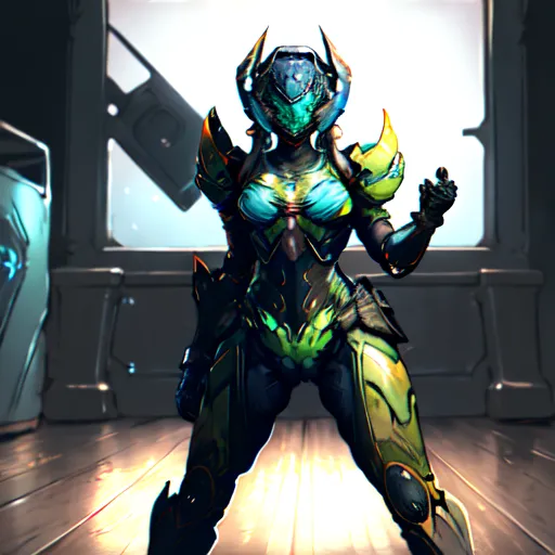 The image shows a female figure in a green and blue futuristic armor suit. The figure has a determined expression on her face and is standing in a powerful pose. She is wearing a helmet with a visor, and her body is covered in intricate armor plating. The suit has green and blue accents, and there is a green glow coming from her chest. The figure is standing in a futuristic room, and there is a large window in the background.