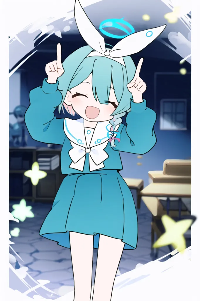 The image shows an anime-style girl with a bright smile on her face. She is wearing a blue and white sailor-style outfit with a pleated skirt and a white bow at the collar. She has long green hair tied in twin braids and decorated with a pair of white bunny ears. She is also wearing a pair of black Mary Jane shoes. The background is a blurred classroom with a blackboard, bookshelves, and a few desks and chairs.