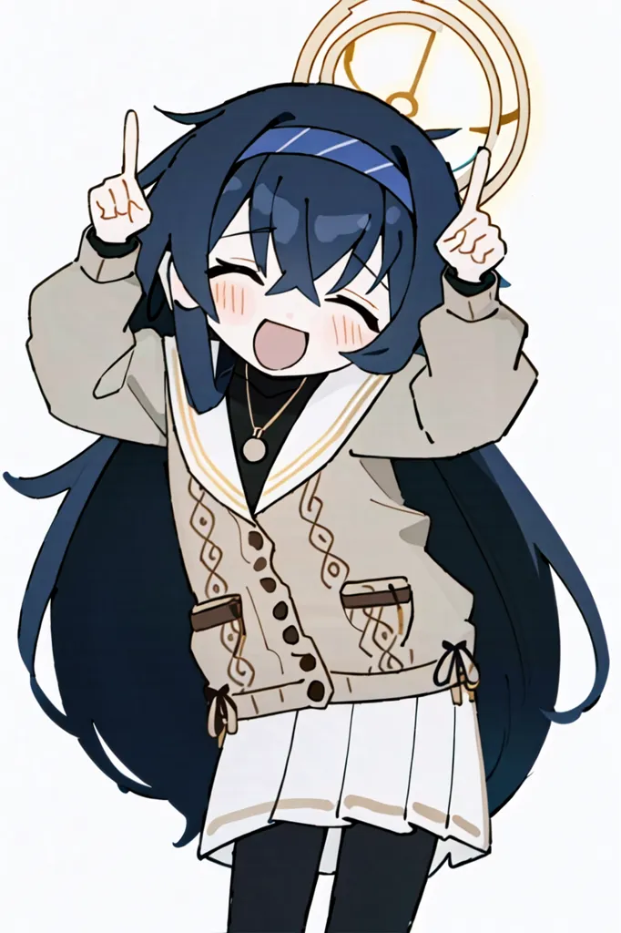 The image shows a chibi anime girl with long dark blue hair and blue eyes. She is wearing a white and brown sweater, a white skirt, and black leggings. She has a happy expression on her face and is pointing her index fingers upwards. There is a halo above her head.