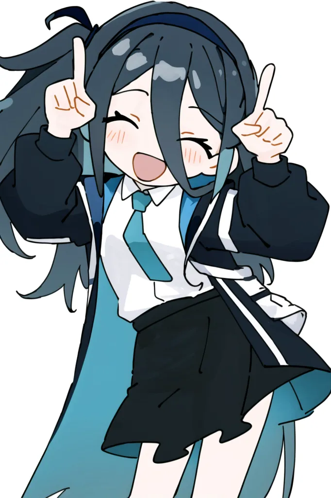 The image is of an anime-style girl with long black hair, blue eyes, and a big smile on her face. She is wearing a white shirt, black skirt, and blue tie. She is also wearing a black jacket with blue and white accents. The girl is standing with her arms in the air, and she is pointing her index fingers at her head. She has a chibi art style.