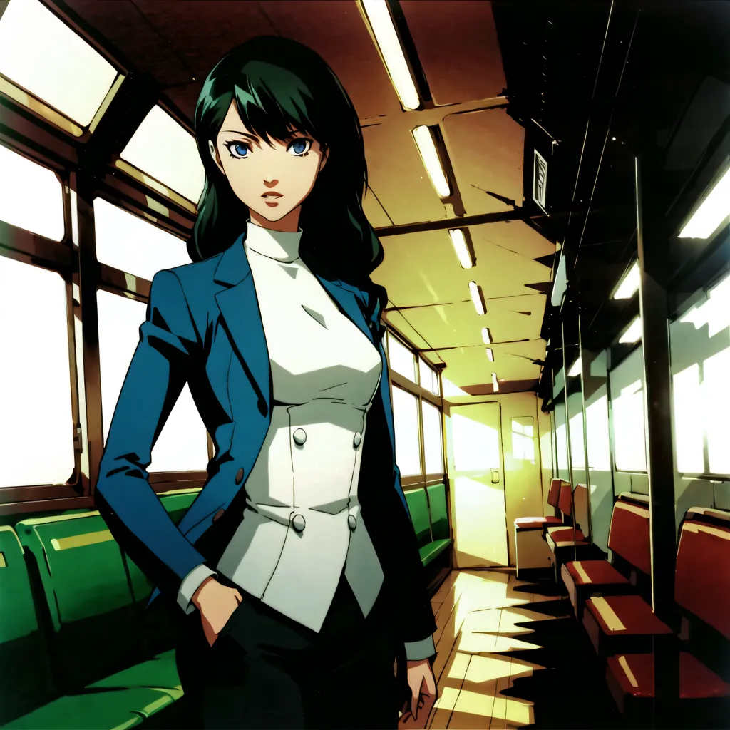 The image shows a young woman with green hair and blue eyes, wearing a blue suit with a white blouse underneath. She is standing in a train car, with her left hand on her hip and the other holding her bag. The train car is empty, with green and red seats, and there are windows on the right side of the train.