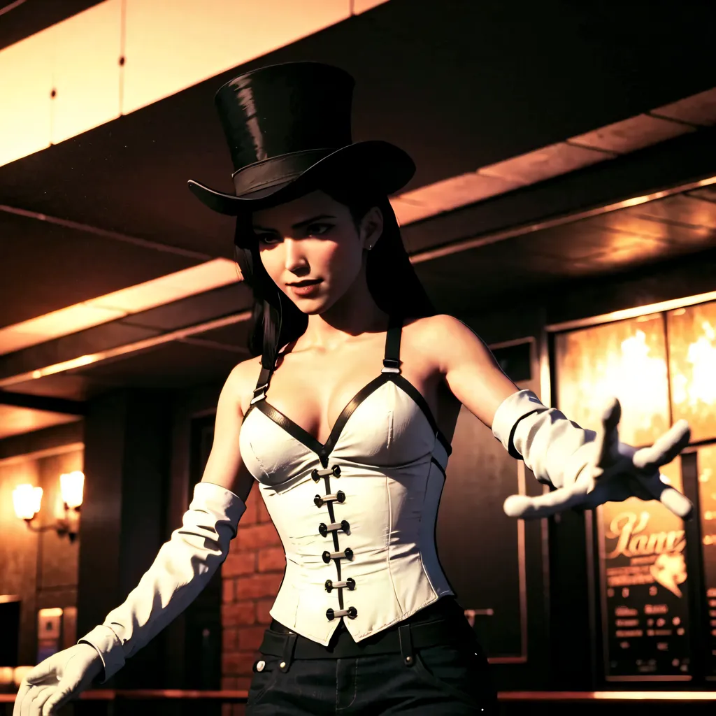 The image shows a woman wearing a black top hat and a white corset. She has long black hair and red lipstick. She is standing in a dark room with a brick wall in the background. There are some lights on the wall. She is looking at the viewer with a serious expression.