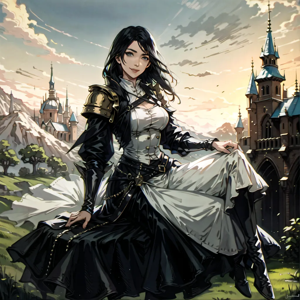 The image is of a beautiful young woman with long black hair. She is wearing a black and white dress with a white camisole and black jacket. She is also wearing a silver necklace and has a sword at her side. She is standing in front of a large castle with mountains in the background. The sun is setting and the sky is a golden orange color.