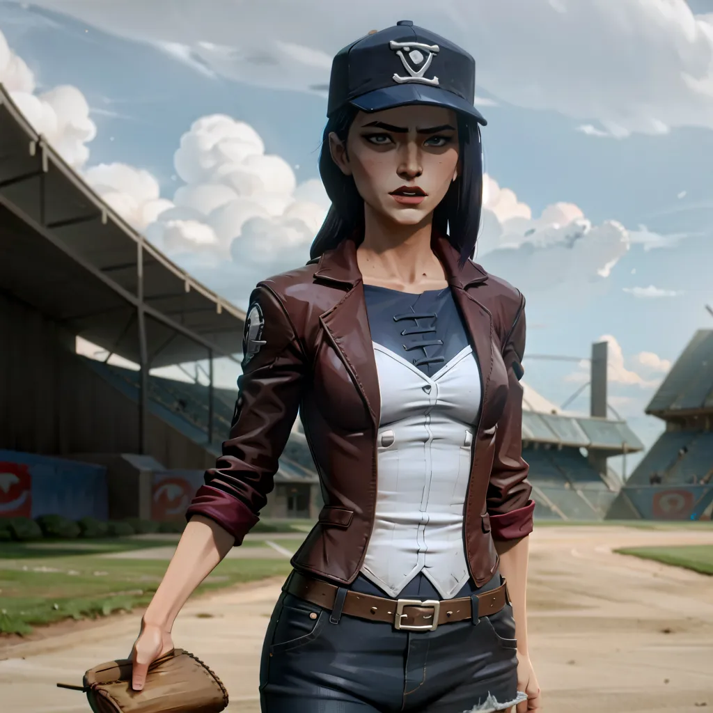 This image shows a young woman standing in a baseball stadium. She is wearing a blue baseball cap, a brown leather jacket, and a white shirt. She is also wearing a belt and has a baseball glove in her hand. She has long brown hair and brown eyes. She is standing in the middle of the field, looking at the camera. The stadium is empty, except for a few people in the stands. The sky is blue, and there are clouds in the distance.