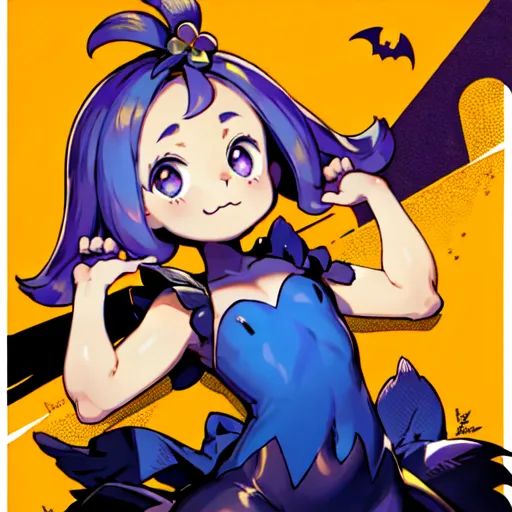 The image is of a young girl with purple hair and blue eyes. She is wearing a blue dress with a white collar and a black bow. The girl is also wearing a pair of black boots and a black hat with a white band. She has a mischievous smile on her face and is holding a jack-o'-lantern in her hands. The background of the image is a deep orange color, and there are bats flying around. The girl is most likely a witch, and the image is likely set on Halloween.