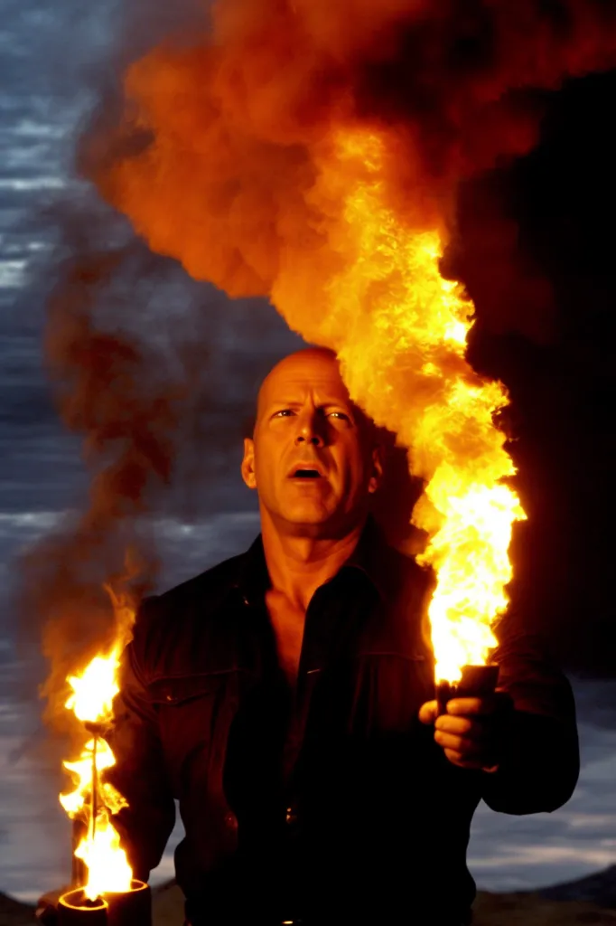 This is an image of a bald man holding two torches that are on fire. The flames are orange and yellow, and there is smoke rising from them. The man has a look of determination on his face. He is wearing a black shirt and there are dark clouds in the background.