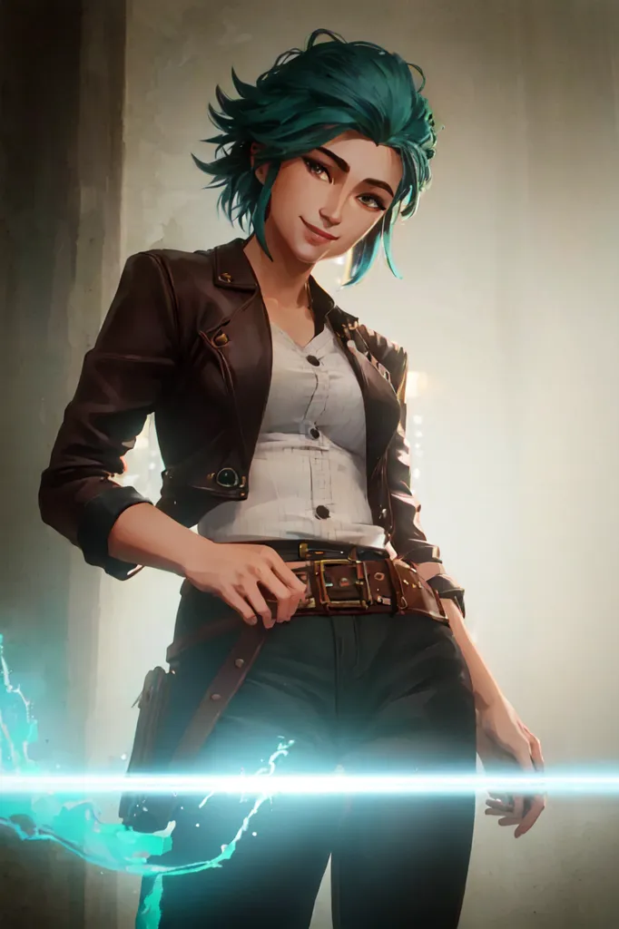 The image shows a young woman with short blue hair and brown eyes. She is wearing a white shirt, a brown leather jacket, and black pants. She has a belt with a large buckle around her waist and is holding it with her right hand. She is standing in front of a white background with a blue light at the bottom.