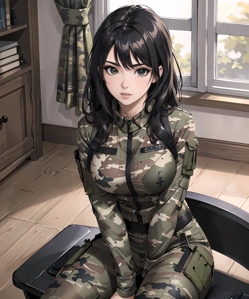 La imagen muestra una ilustración de estilo anime de una mujer joven con uniforme militar. Tiene el cabello negro largo, ojos marrones oscuros y una tez clara. Lleva un uniforme de camuflaje ajustado con cuello alto y una placa de identificación que dice "21771". El uniforme también tiene un cinturón de utilidad y varios bolsillos y correas. Está sentada en una silla con una pierna cruzada sobre la otra y las manos apoyadas en la rodilla. Tiene una expresión confiada en el rostro.