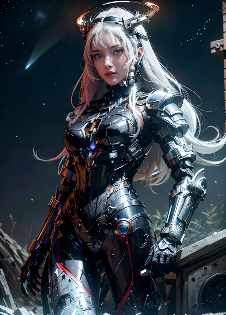 The image is a digital painting of a female character wearing a futuristic armor. The character is standing in a dark and destroyed environment. She is looking at the viewer with a serious expression. The character is wearing a black and silver armor with blue and red details. The armor has a futuristic design and looks like it is made of metal. The character has long white hair and blue eyes. Her hair is flowing in the wind. The character is also wearing a helmet with a visor. The visor is reflecting the light from the environment. The character is standing on a pile of rubble. There is a destroyed building in the background. The sky is dark and there are stars in the sky.