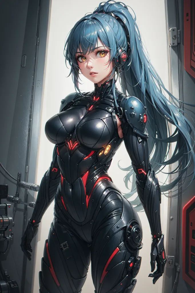 The image depicts a beautiful anime girl with long blue hair and yellow eyes. She is wearing a black and red bodysuit with various technological gadgets and accessories. The girl is standing in a futuristic room with a large door behind her.