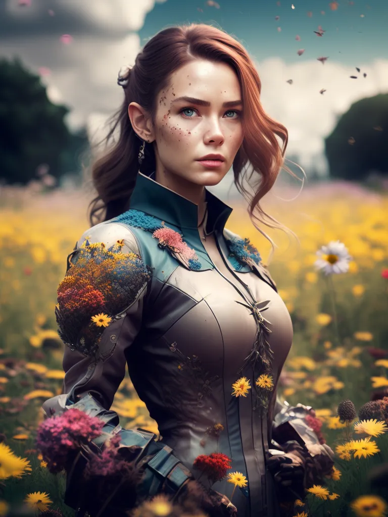 This image shows a young woman standing in a field of flowers. She is wearing a gray leather bodice with floral embroidery and has brown hair and blue eyes. She is looking at the camera with a serious expression. The background of the image is blurry and shows a forest and a mountain in the distance.