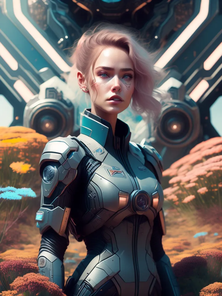 Esta é uma imagem de uma jovem mulher em pé diante de uma grande nave espacial. Ela está usando uma armadura futurista e tem cabelos loiros curtos. O fundo é uma paisagem rochosa com algumas ervas e flores.