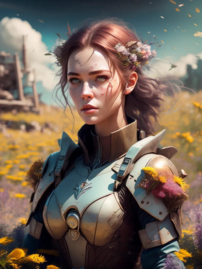 This is an image of a young woman standing in a field of yellow and purple flowers. She is wearing a metal breastplate and a wreath of flowers. She has long red hair and green eyes. Her face is dirty and she has a few scratches on her cheek. She is looking to the right of the frame. In the background, there is a large stone structure that looks like a castle or a fortress.