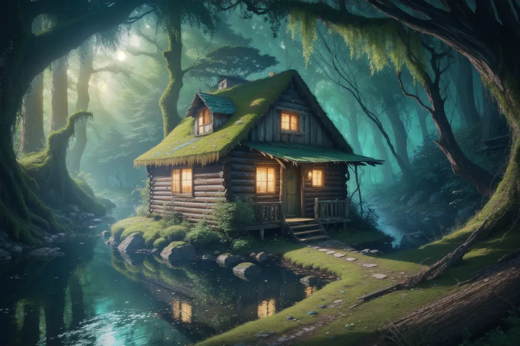 The image is a beautiful painting of a small, cozy cabin in the middle of a lush forest. The cabin is made of wood and has a green roof. There is a river in front of the cabin and a small path leading up to the front door. The trees in the forest are tall and green, and the leaves are a variety of colors. The sun is shining through the trees, creating a dappled pattern on the ground. The overall effect is one of peace and tranquility.